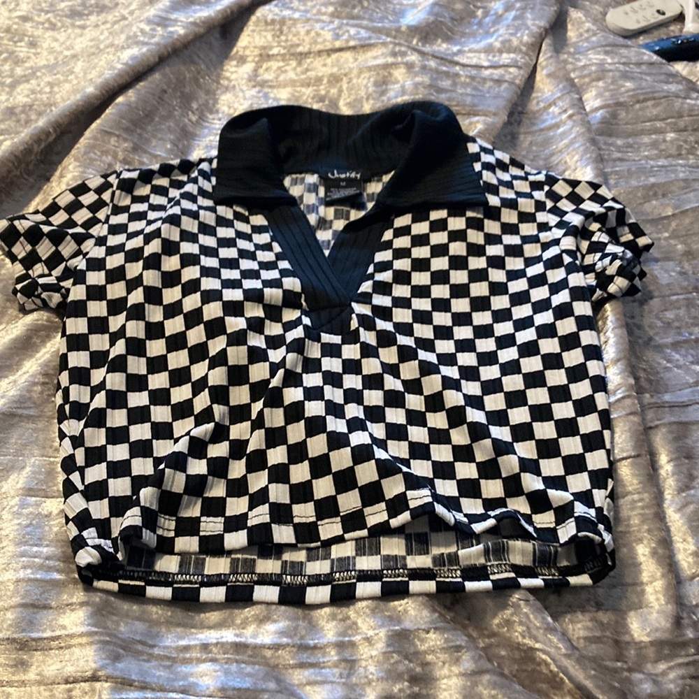 black and white checkered collared cropped shirt